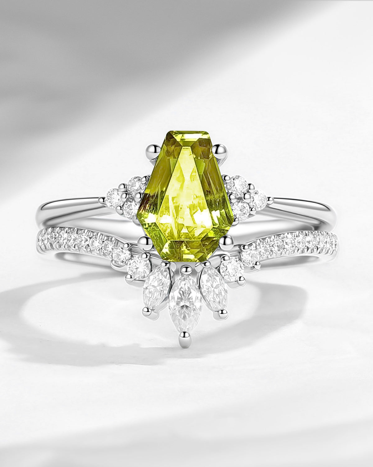 Coffin Cut Lab Yellow Sapphire Cluster Engagement Set 2pcs - White Dress