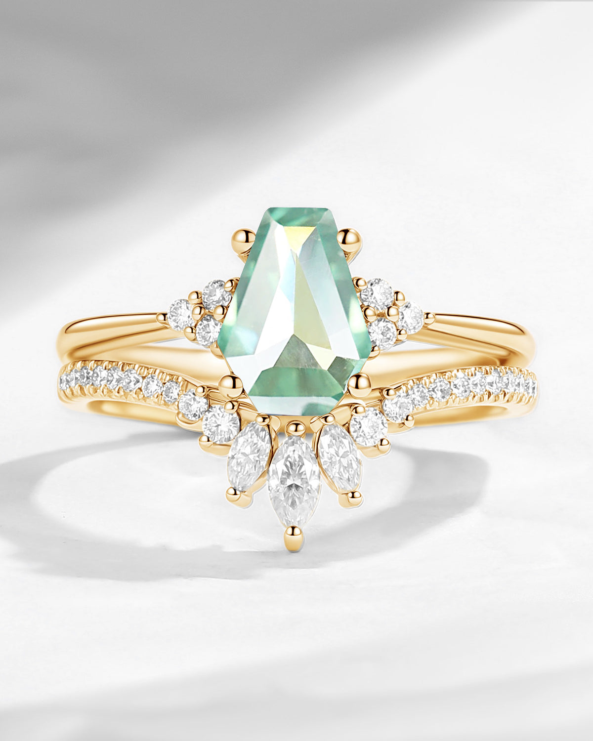Coffin Cut Mint Moissanite Cluster Engagement Set 2pcs - White Dress