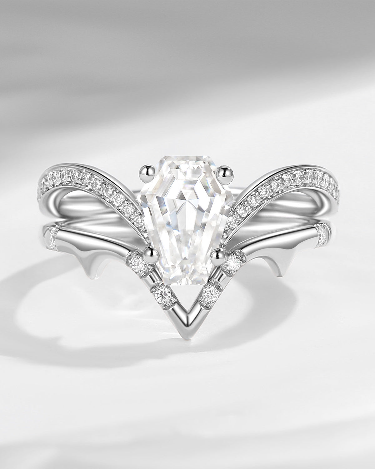 Coffin Cut Moissanite Spooky Engagement Ring Set 2pcs - Dainty Bat Ring