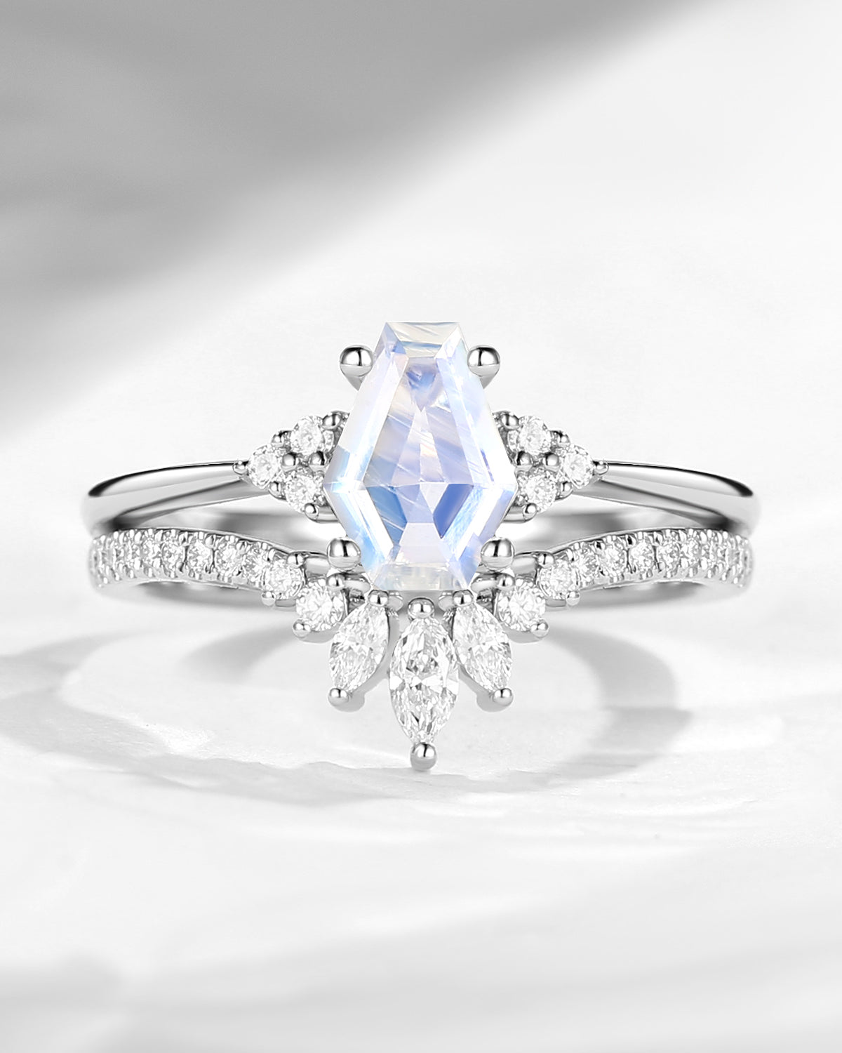 Coffin Cut Moonstone Cluster Engagement Set 2pcs - White Dress