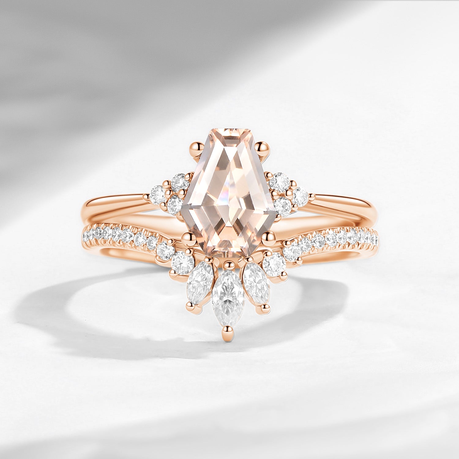 Coffin Cut Morganite Cluster Engagement Set 2pcs - White Dress