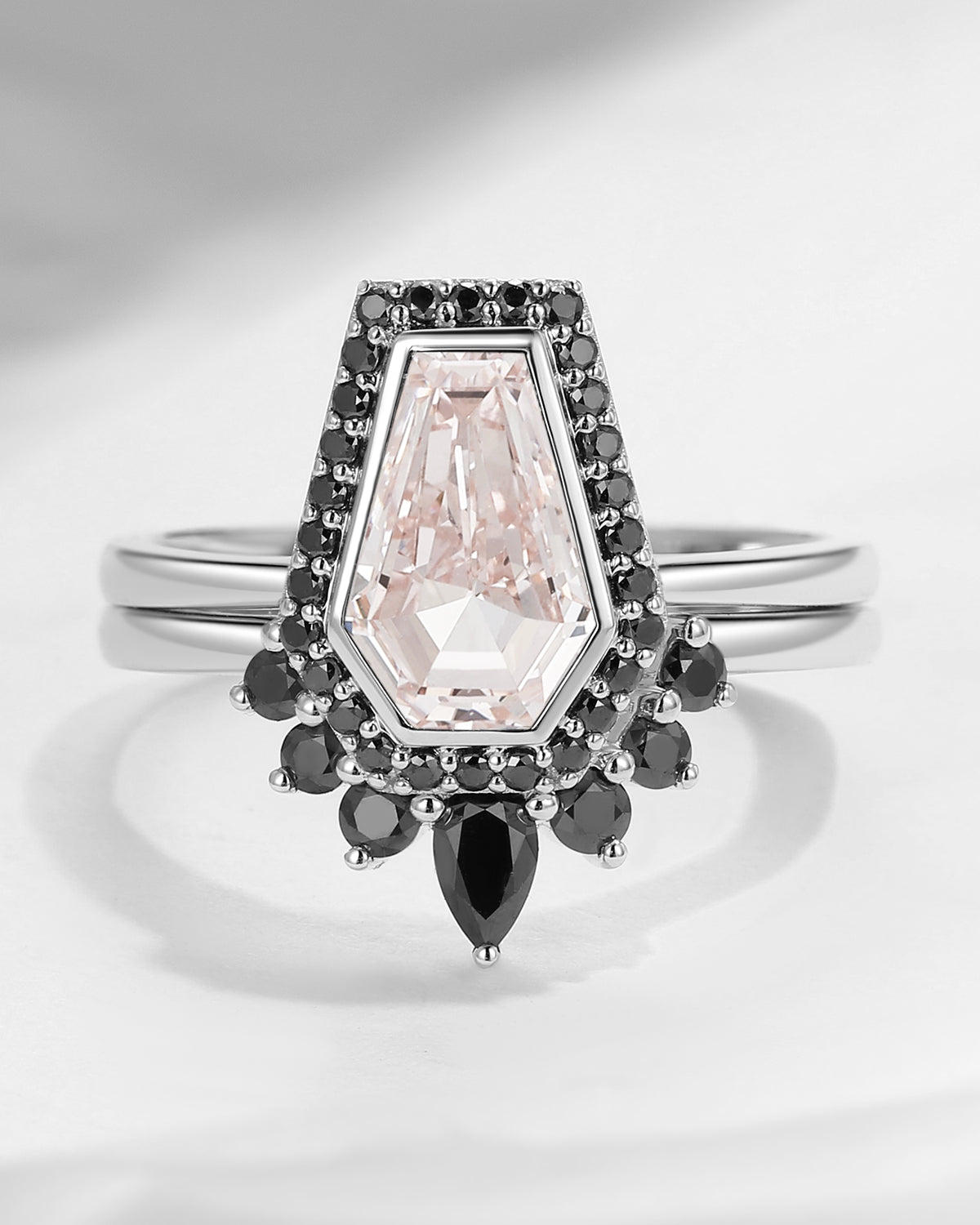Coffin Cut Pink Lab Diamond Engagement Ring Set 2pcs - Goth Girl
