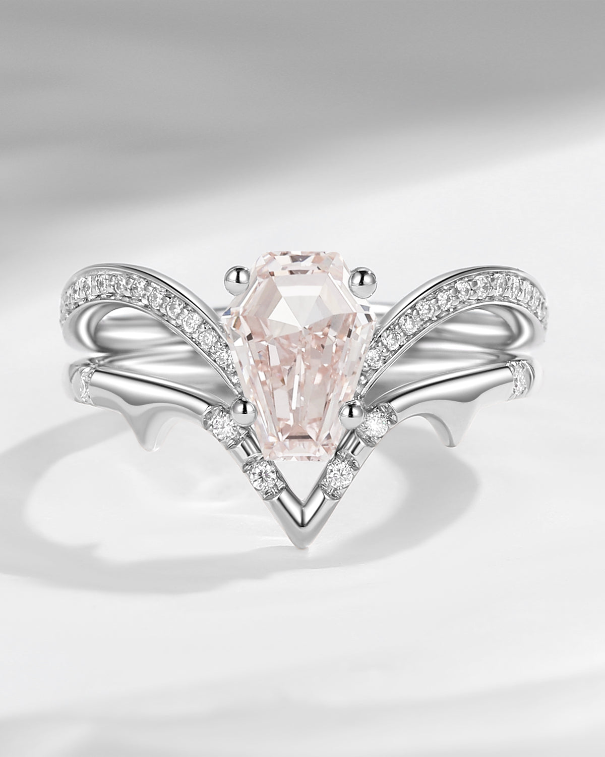 Coffin Cut Pink Lab Diamond Spooky Engagement Ring Set 2pcs - Dainty Bat Ring