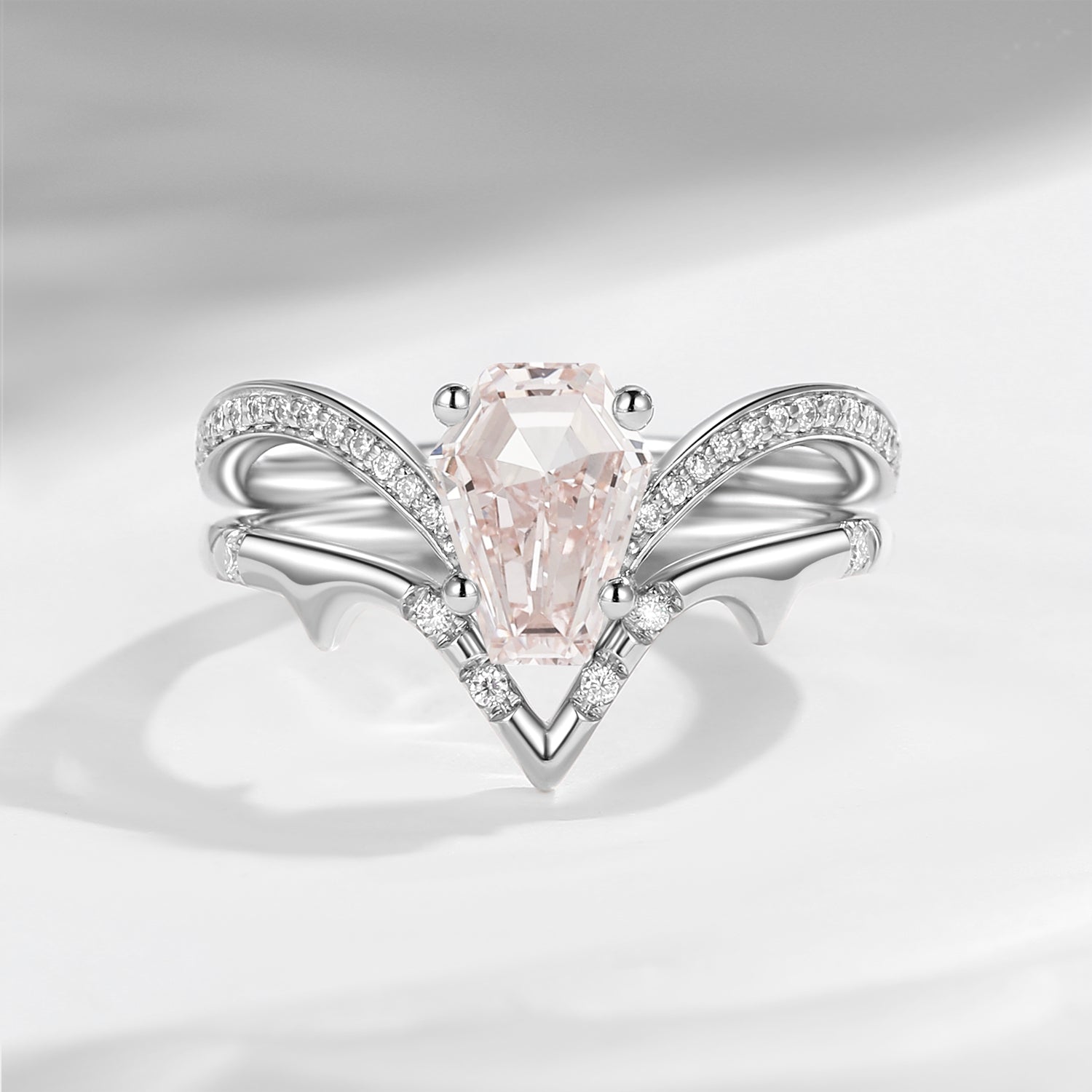 Coffin Cut Pink Lab Diamond Spooky Engagement Ring Set 2pcs - Dainty Bat Ring