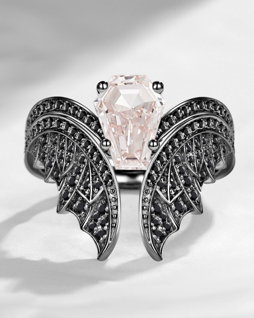 Coffin Cut Pink Lab Diamond Vintage Engagement Ring Set 2pcs - Bat Ring