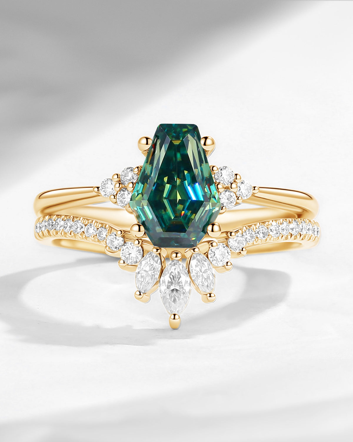 Coffin Cut Teal Moissanite Cluster Engagement Set 2pcs - White Dress