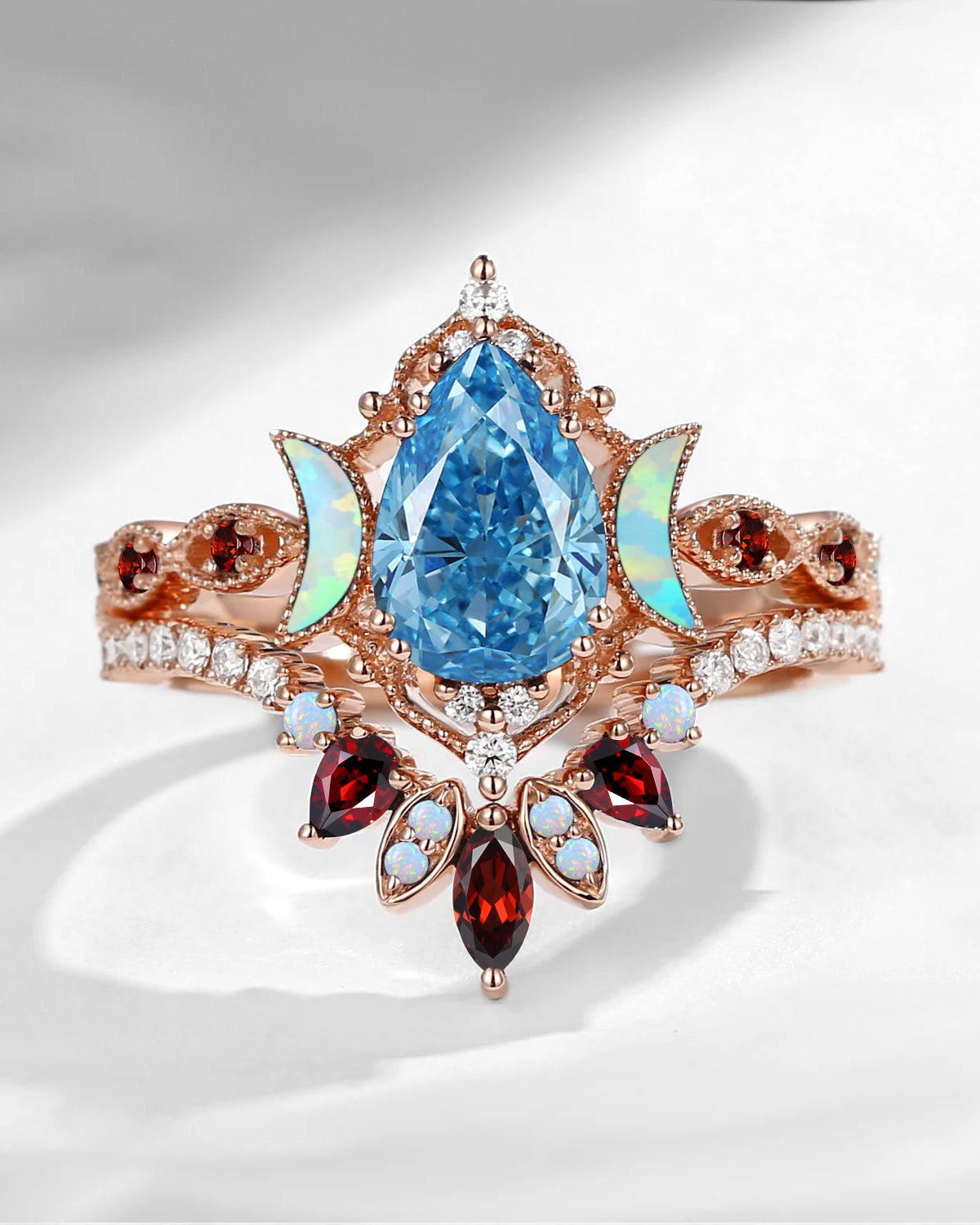Crescent Moon | Pear Cut Blue Lab Diamond & Opal Moon 'Ultra Galaxy' Engagement Ring Set 2pcs