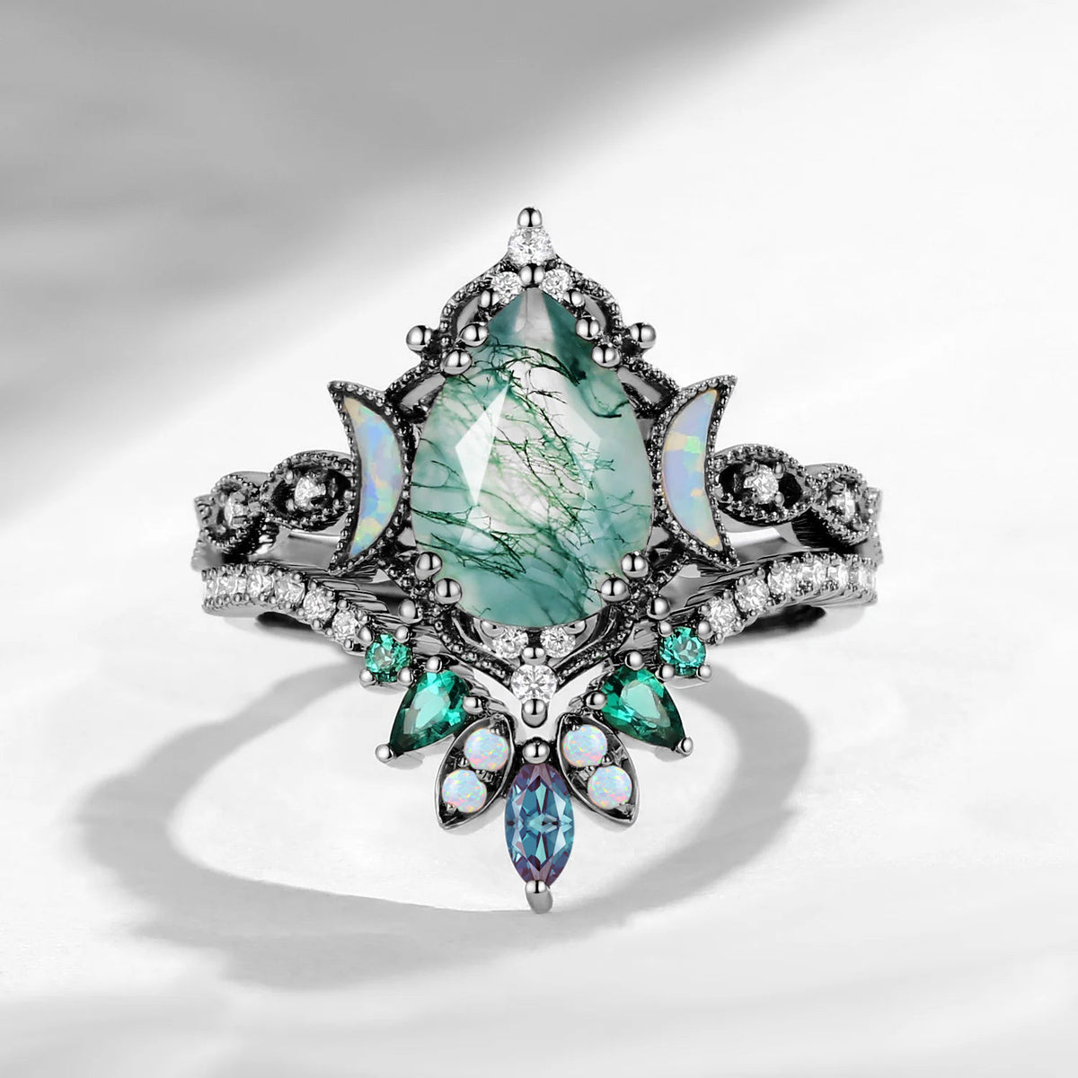 Crescent Moon | Pear Cut Moss Agate 'Ultra Galaxy' Lab Opal Black Gold