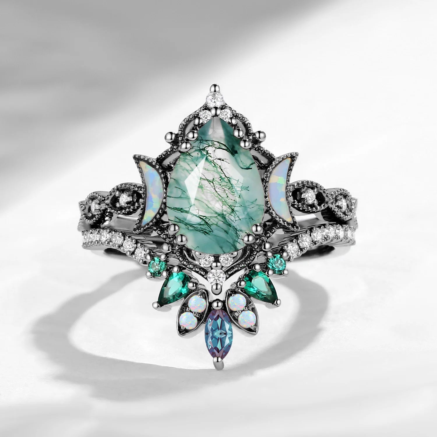 Crescent Moon | Pear Cut Moss Agate 'Ultra Galaxy' Lab Opal Black Gold Engagement Ring Set 2pcs