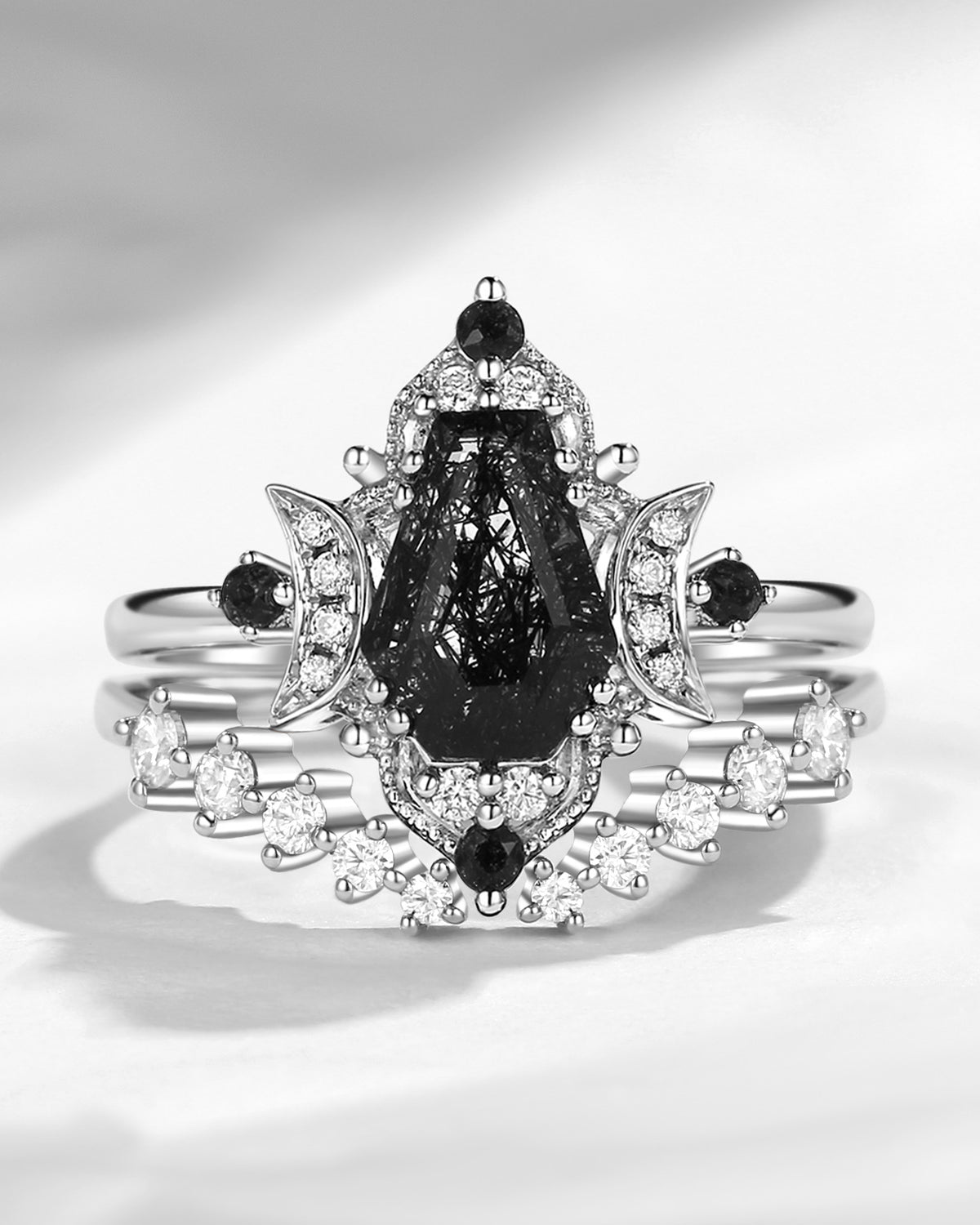 Crescent Moon | Coffin Cut Black Rutilated Quartz Engagement Ring Set 2pcs