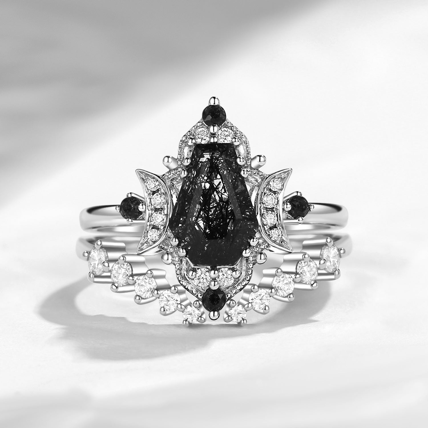 Crescent Moon | Coffin Cut Black Rutilated Quartz Engagement Ring Set 2pcs