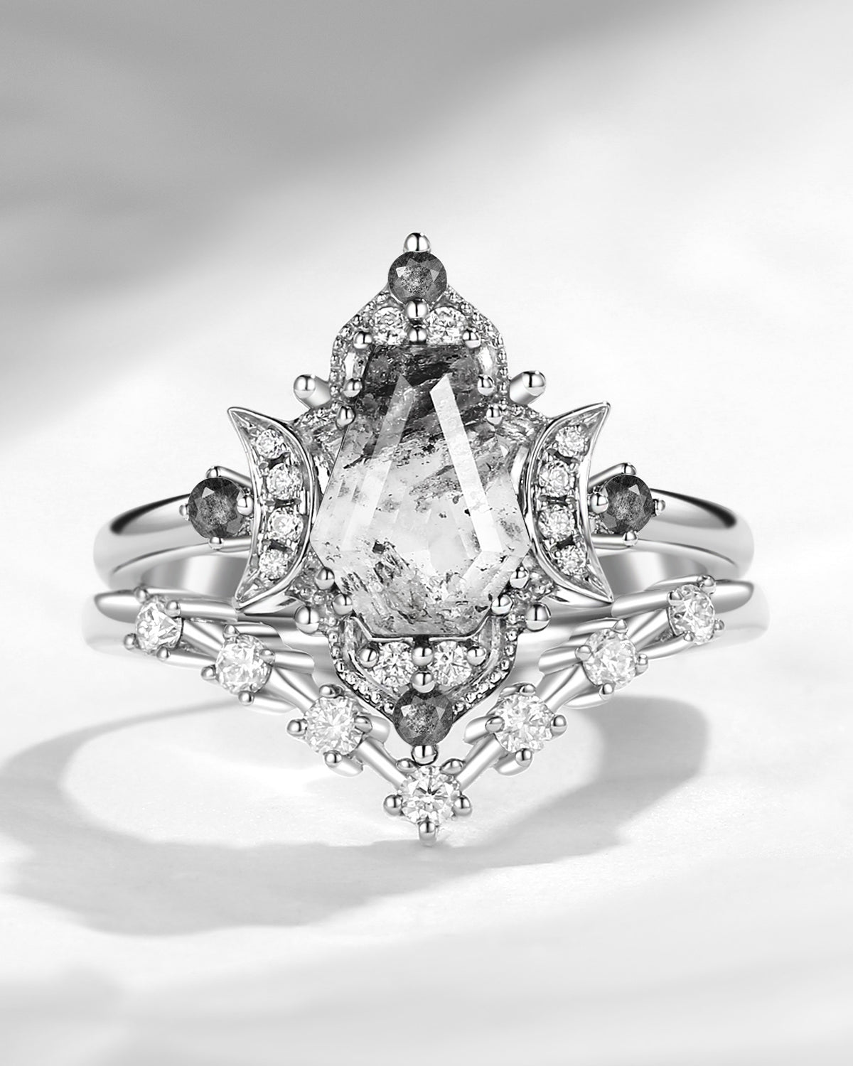 Crescent Moon | Coffin Cut Herkimer Diamond Galaxy Engagement Ring Set 2pcs