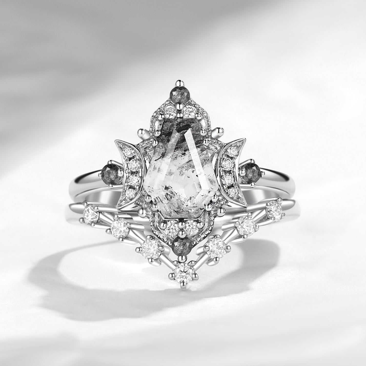 Crescent Moon | Coffin Cut Herkimer Diamond Galaxy Engagement Ring Set 2pcs