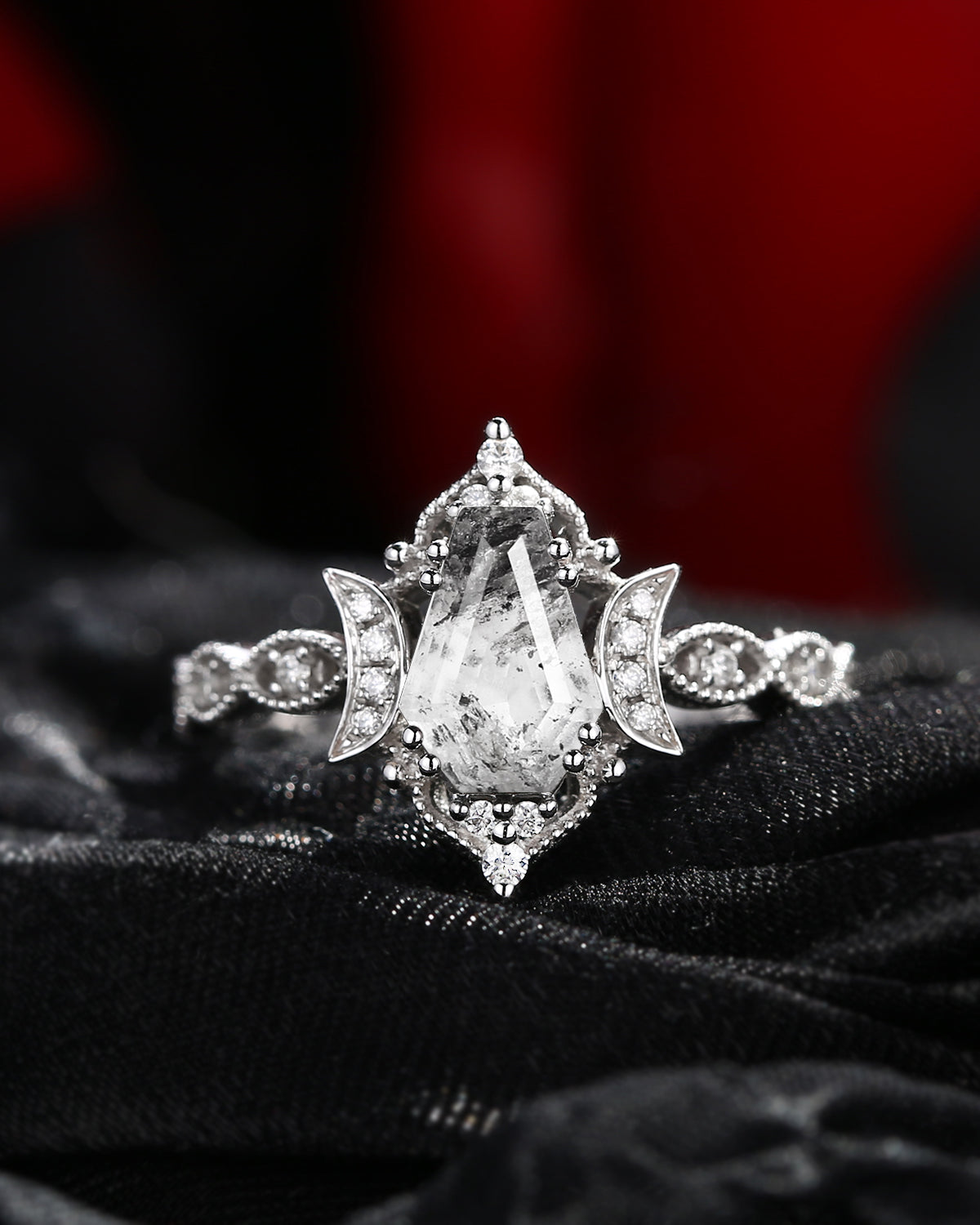 Crescent Moon | Coffin Cut Herkimer Diamond Gothic Enagement Ring 18k - Till Death Do Us Apart