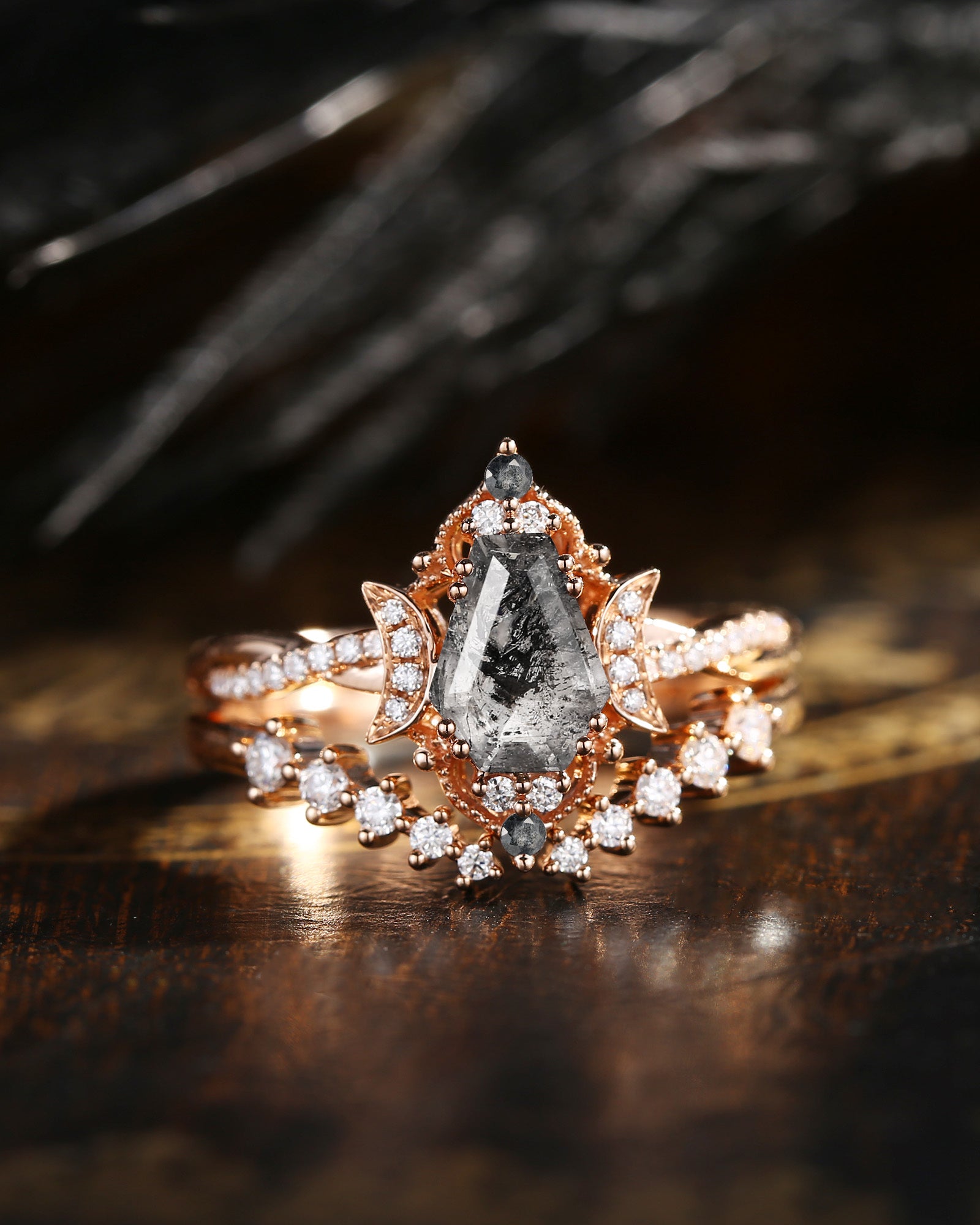 Crescent Moon | Coffin Cut Herkimer Diamond Infinity Engagement Ring Set 2pcs - Infinity Galaxy