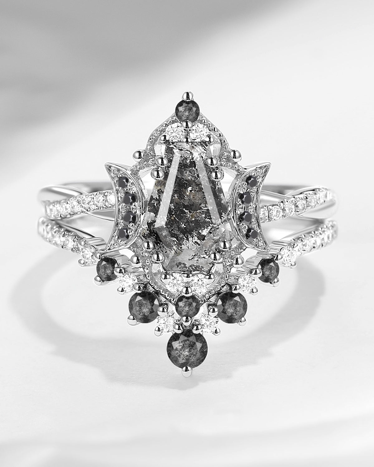 Crescent Moon | Coffin Cut Herkimer Diamond Moon Infinity Engagemnet Ring Set Bridal Set 2pcs