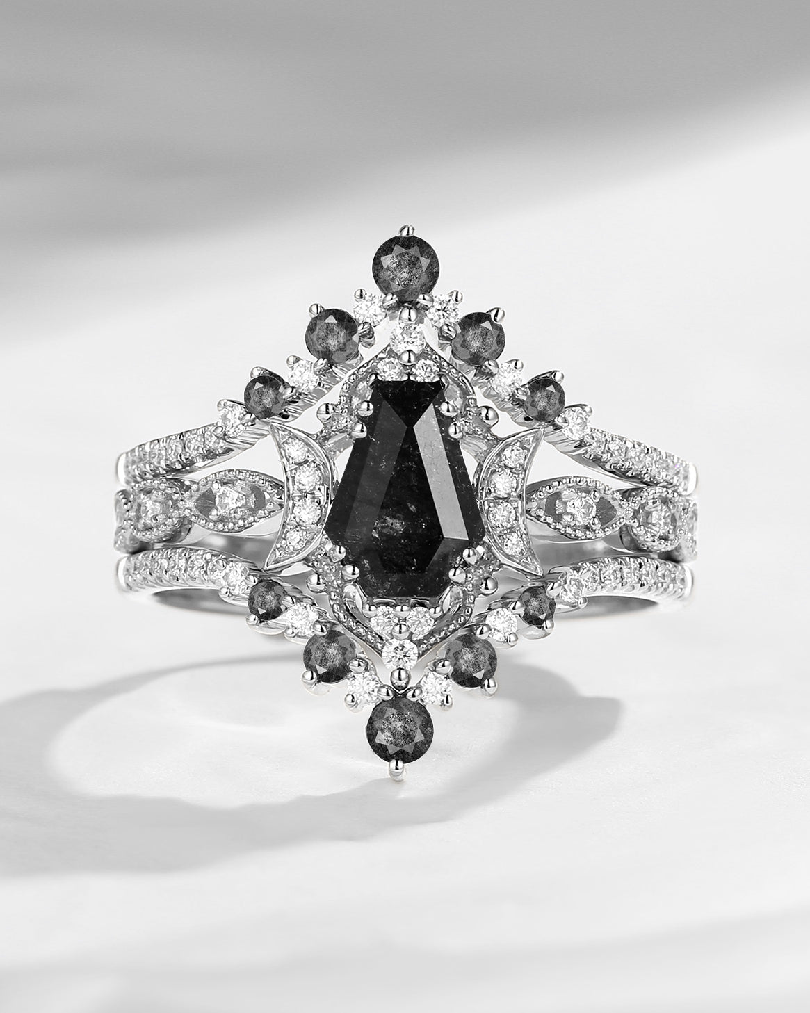 Crescent Moon | Coffin Cut Herkimer Diamond Ring 3pcs 18k - Till Death Do Us Part