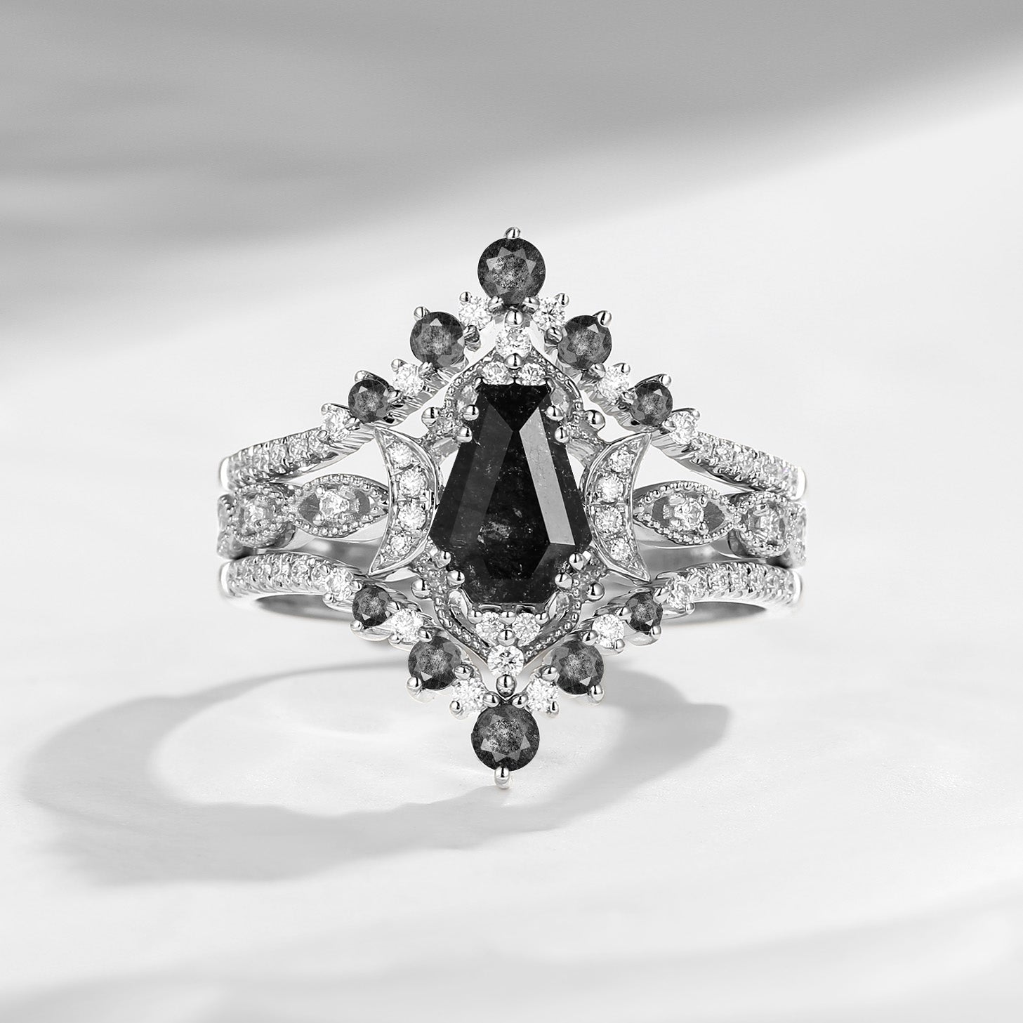 Crescent Moon | Coffin Cut Herkimer Diamond Ring 3pcs 18k - Till Death Do Us Part