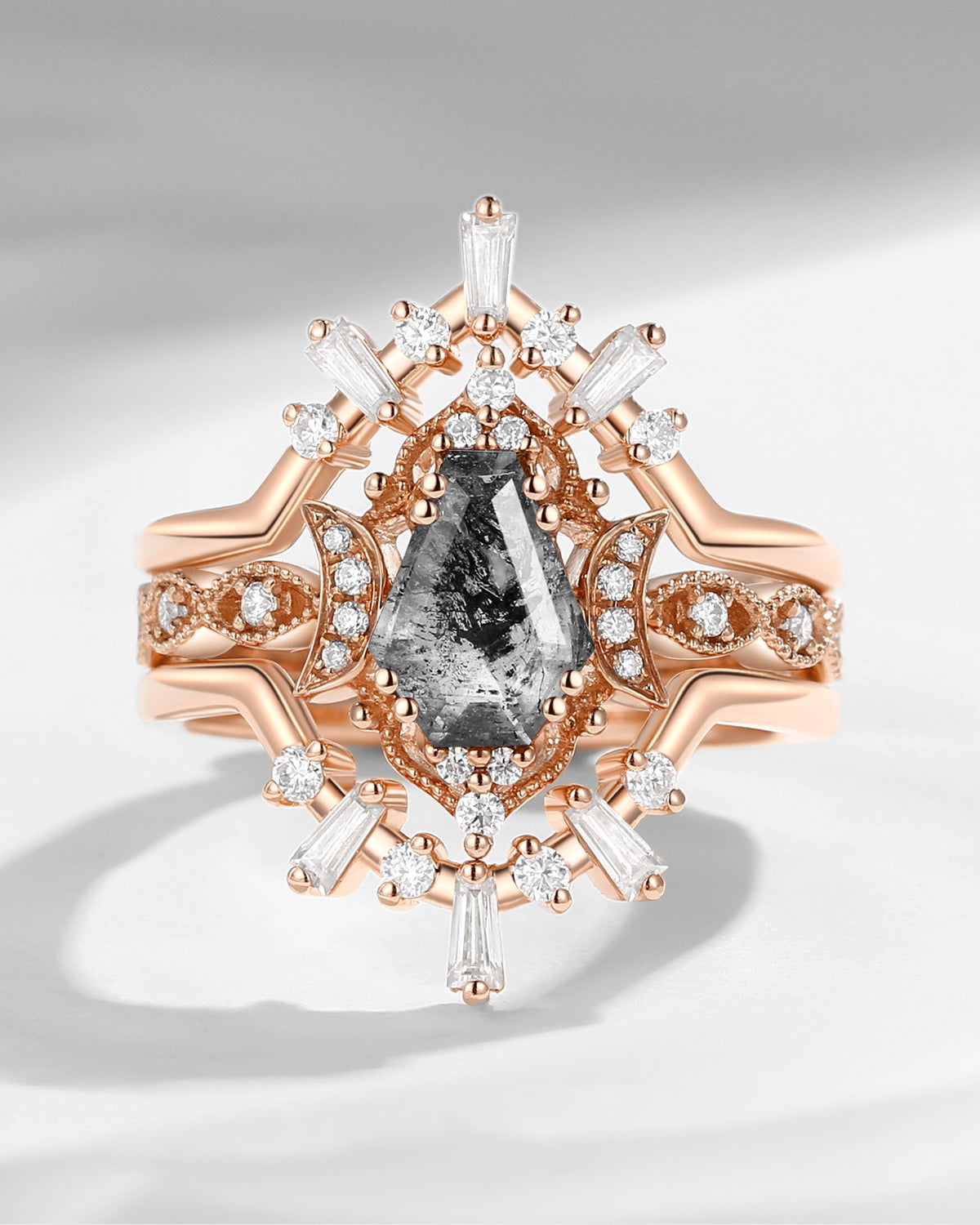 Crescent Moon | Coffin Cut Herkimer Diamond Sunburst Inspired Engagement Ring Set 3pcs