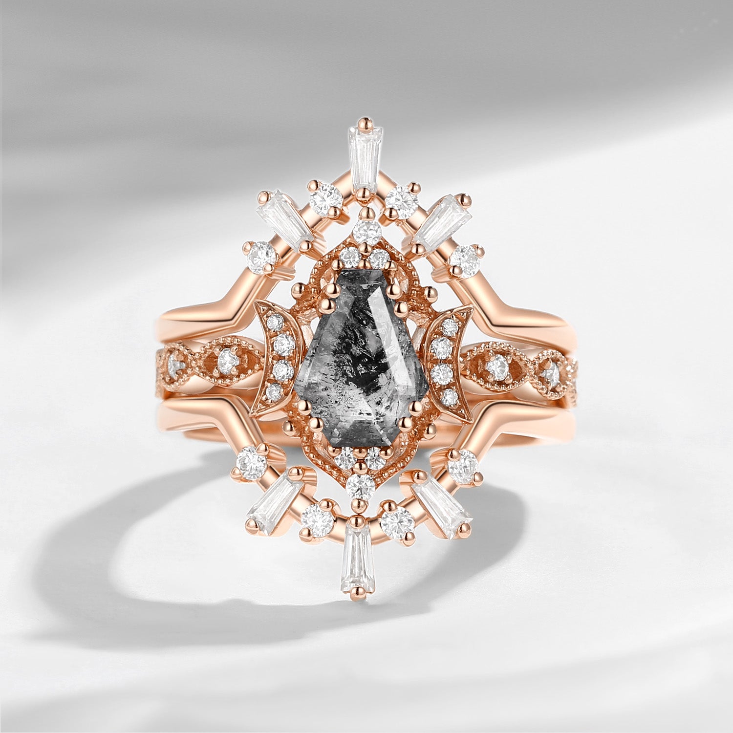 Crescent Moon | Coffin Cut Herkimer Diamond Sunburst Inspired Engagement Ring Set 3pcs