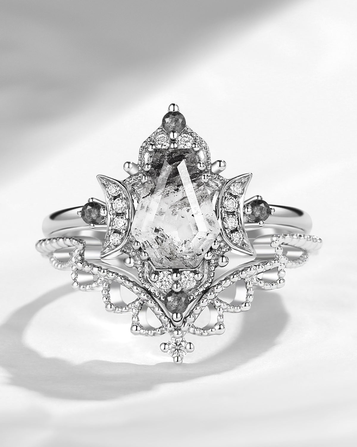 Crescent Moon | Coffin Cut Herkimer Diamond Thorny Engagement Ring Set 2pcs