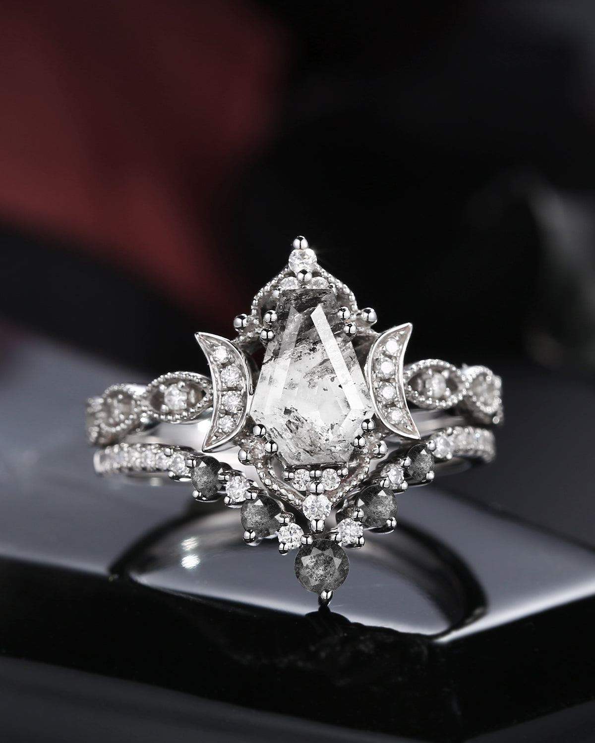 Crescent Moon | Coffin Cut Herkimer Diamond 'Till Death Do Us Part' Ring Set 2pcs