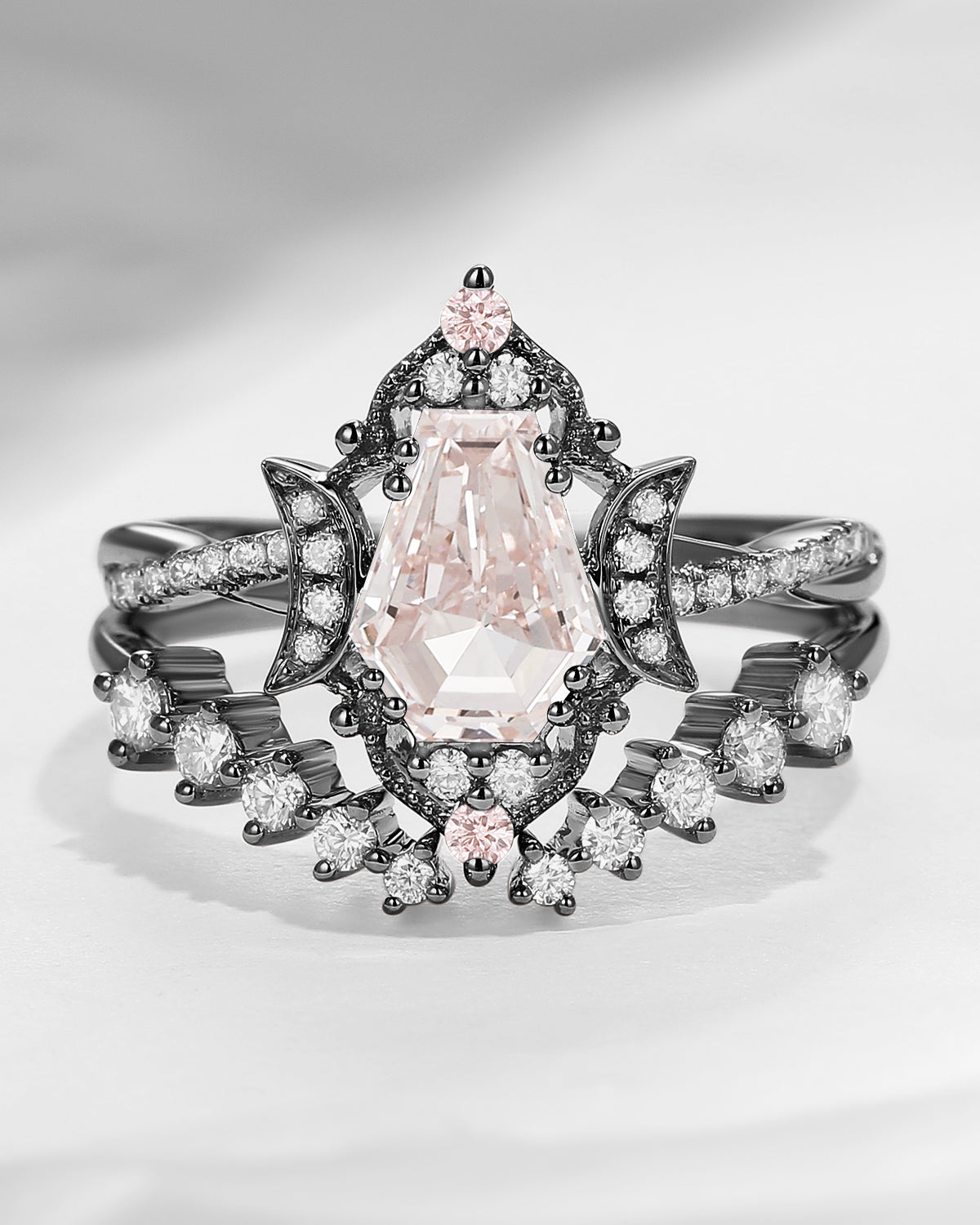 Crescent Moon | Coffin Cut Pink Lab Diamond Engagement Ring Set 2pcs - Infinity Galaxy