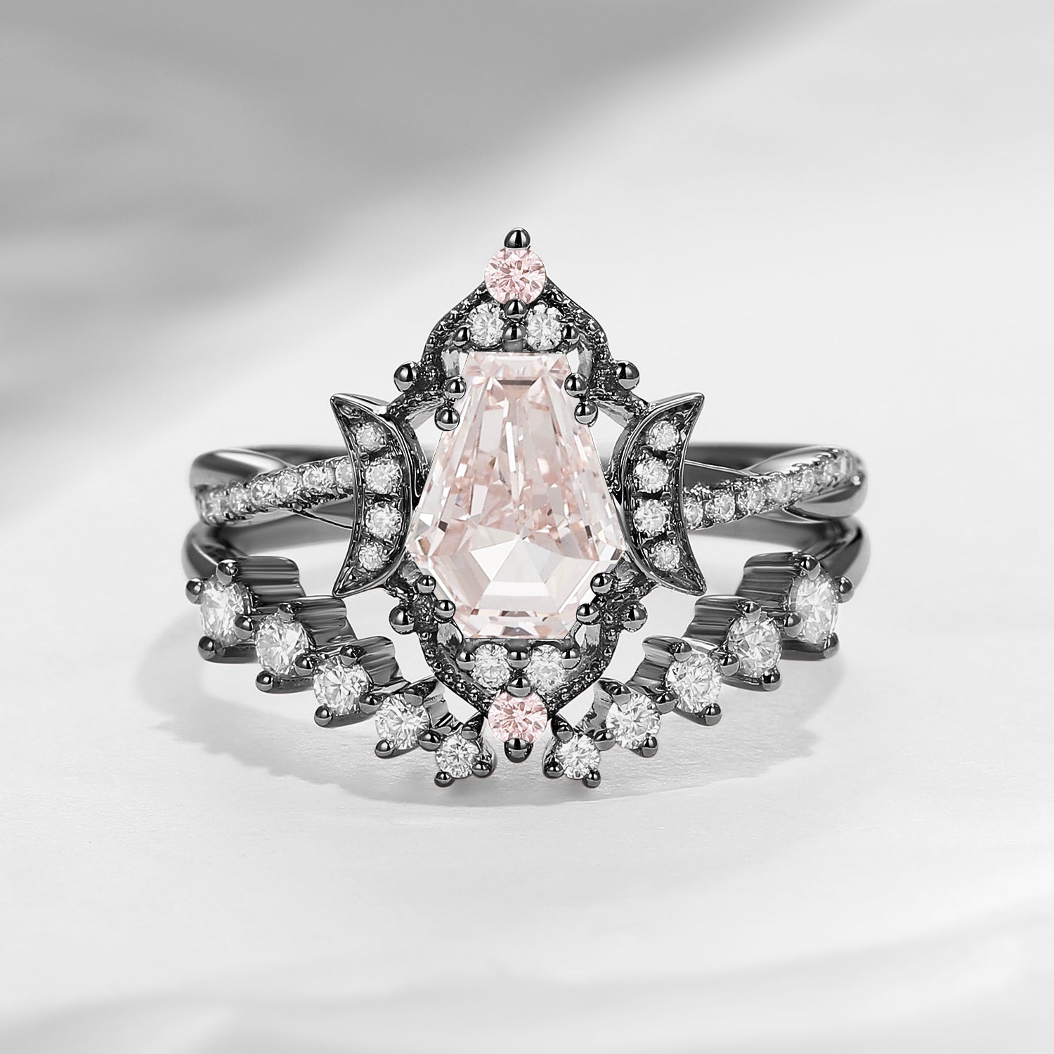 Crescent Moon | Coffin Cut Pink Lab Diamond Engagement Ring Set 2pcs - Infinity Galaxy