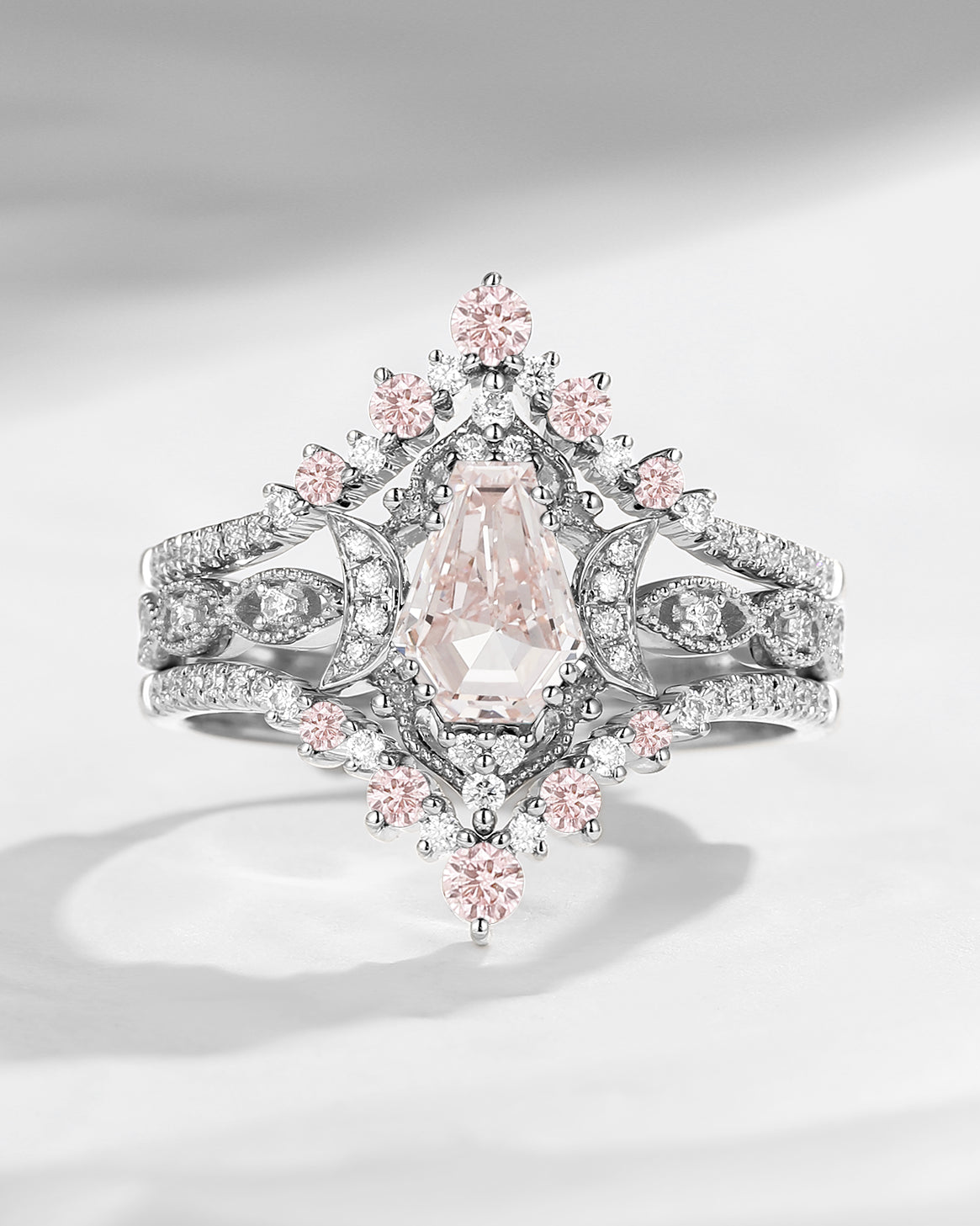 Crescent Moon | Coffin Cut Pink Lab Diamond Engagement Ring Set 3pcs - Till Death Do Us Part