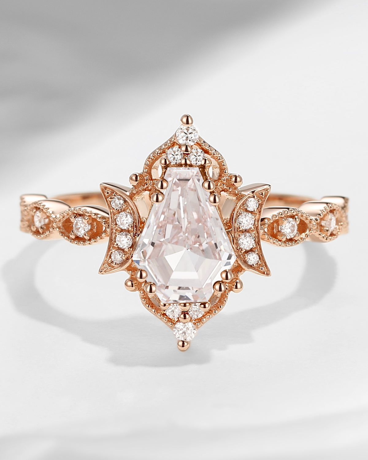 Crescent Moon | Coffin Cut Pink Lab Diamond Milgrain Engagement Ring