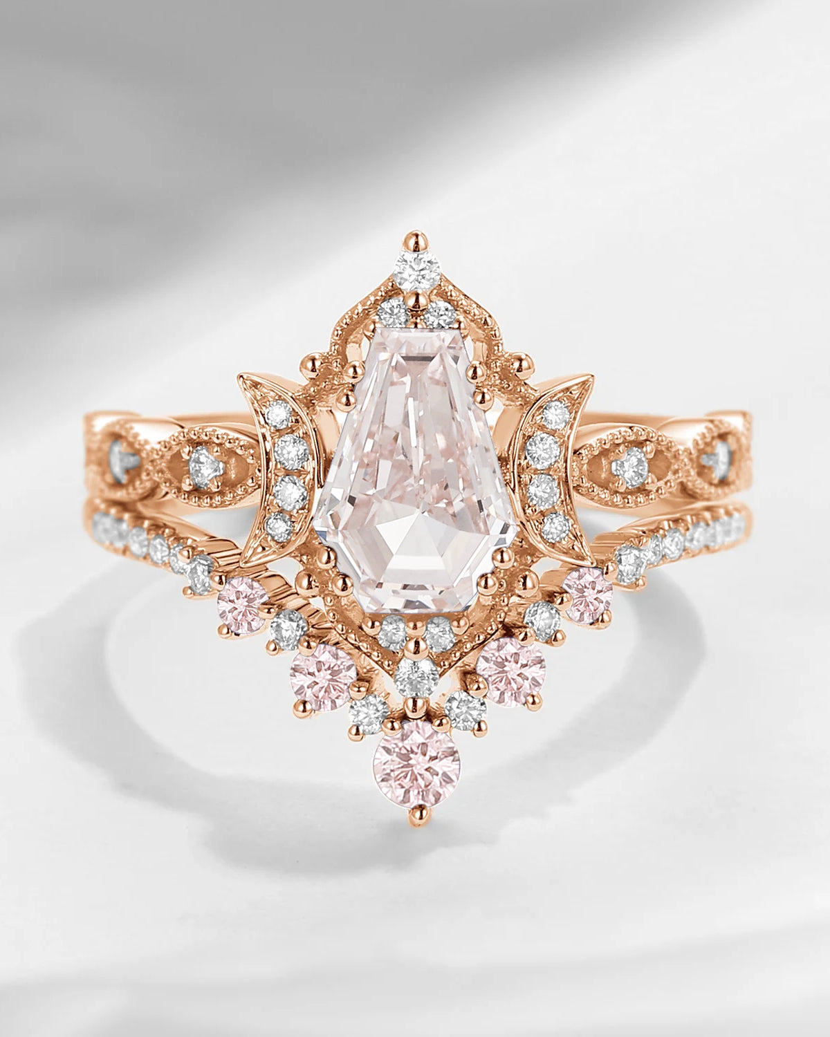 Crescent Moon | Coffin Cut Pink Lab Diamond 'Till Death Do Us Part' Engagement Ring Set 2pcs