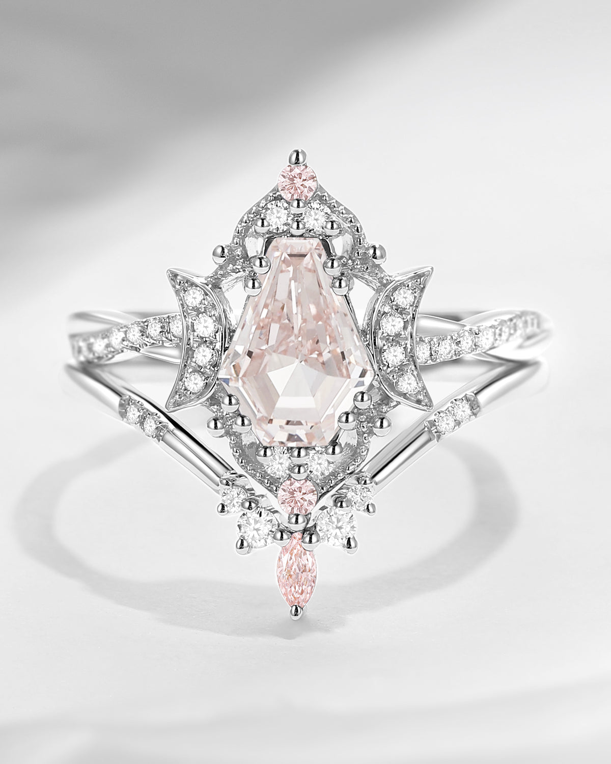 Crescent Moon | Coffin Cut Pink Lab Diamond Twisted Engagement Ring Set 2pcs - Alexandria