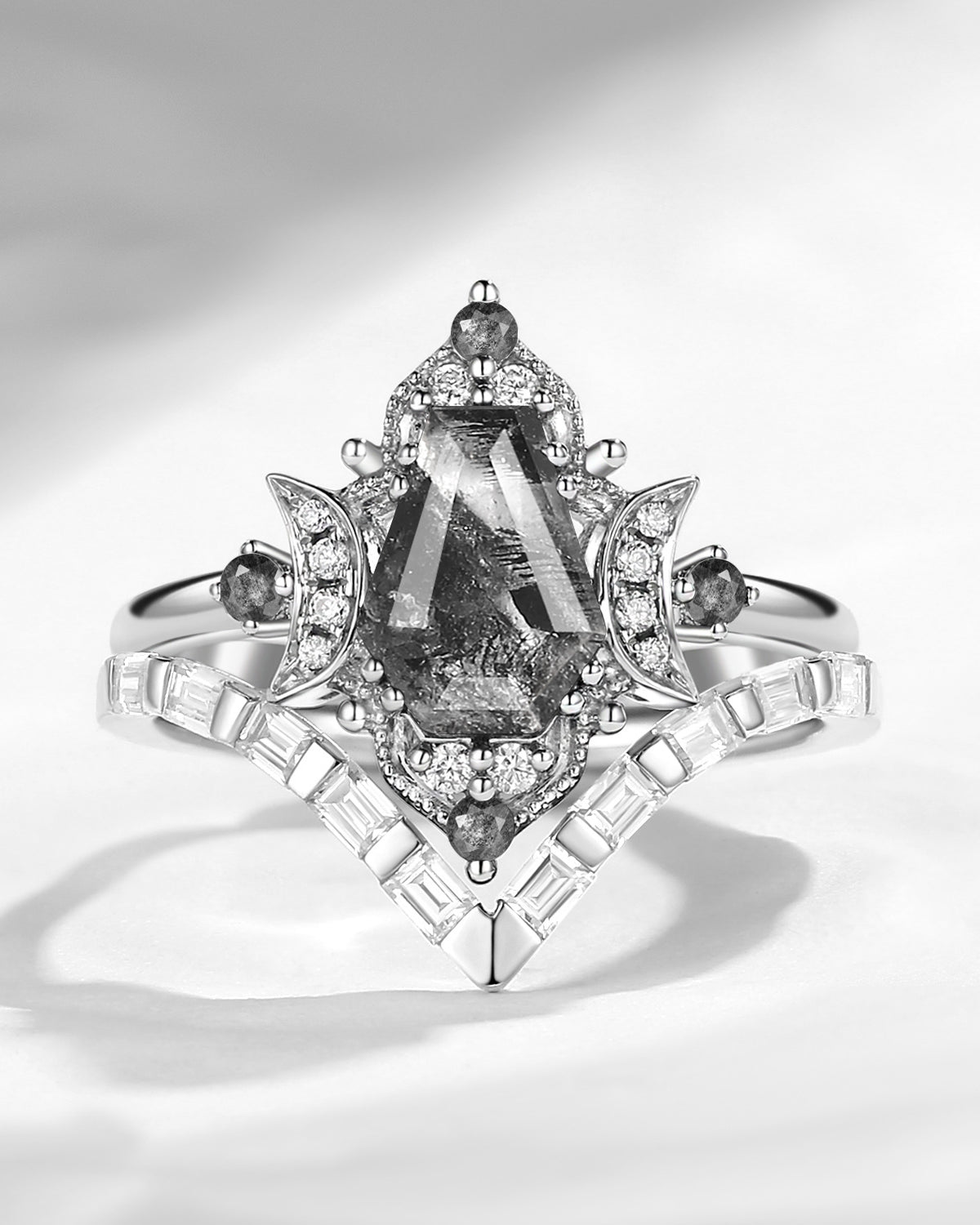 Crescent Moon | Curved Coffin Cut Herkimer Diamond Engagement Ring Set 2pcs