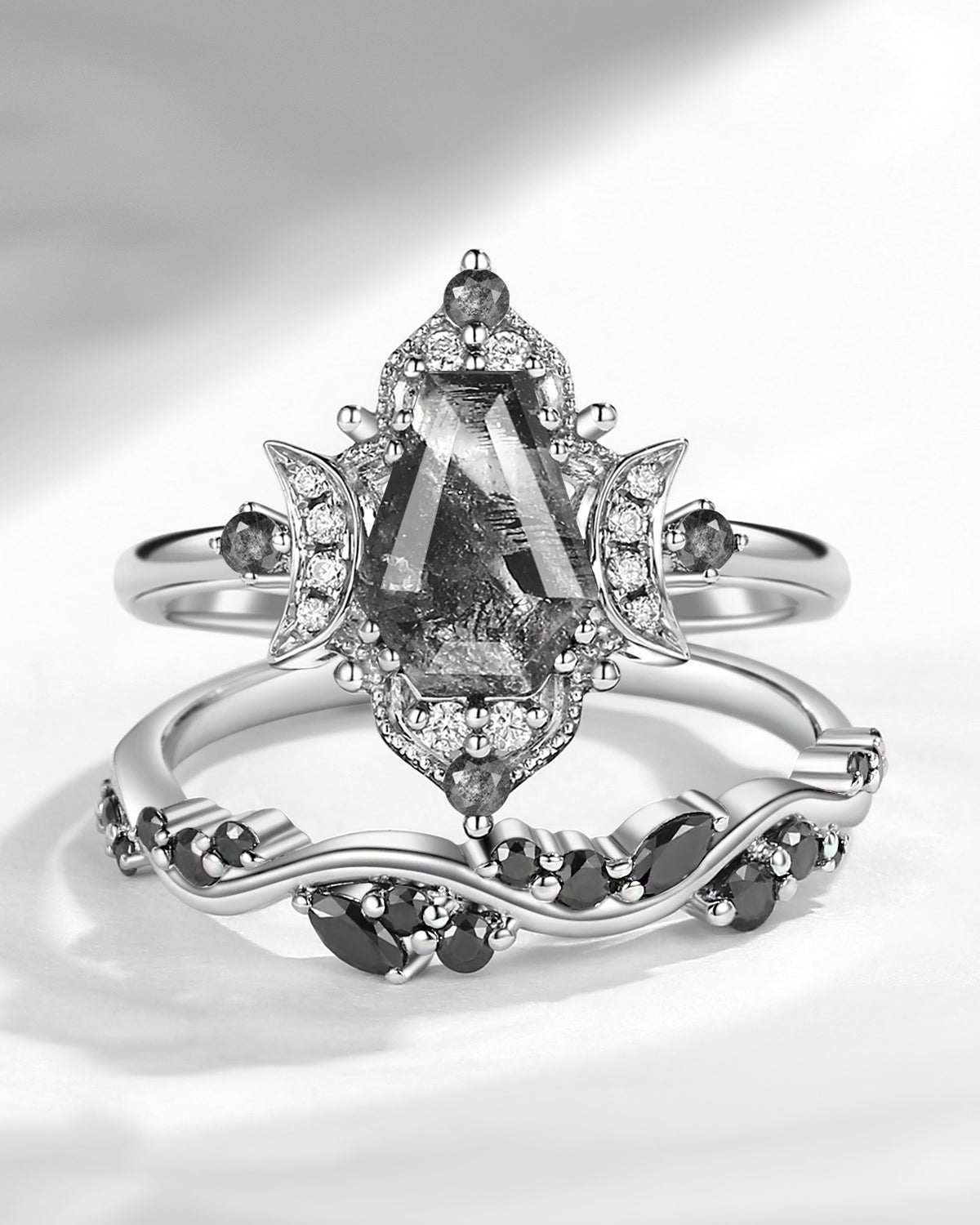 Crescent Moon | Nature Inspired Coffin Cut Herkimer Diamond Vintage Vine Engagement Ring Set 2pcs