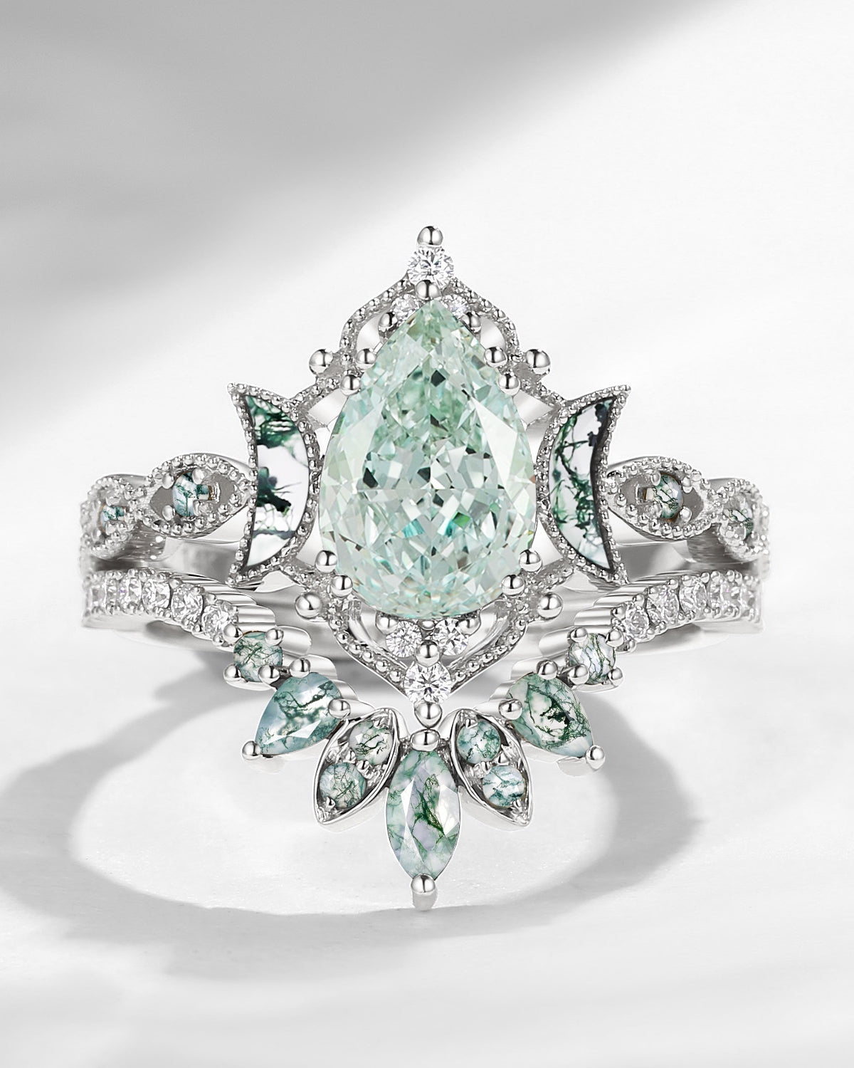 Crescent Moon | Pear Cut Green Lab Diamond 'Ultra Galaxy' Engagement Ring Set 2pcs