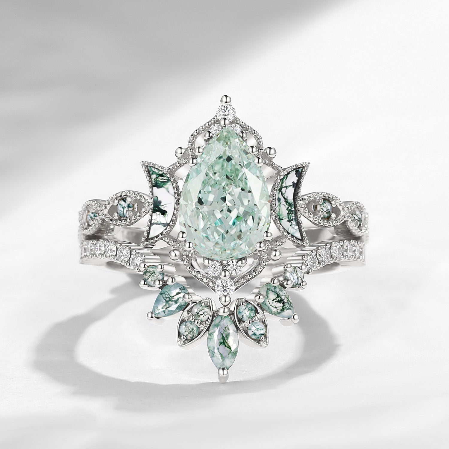 Crescent Moon | Pear Cut Green Lab Diamond 'Ultra Galaxy' Engagement Ring Set 2pcs