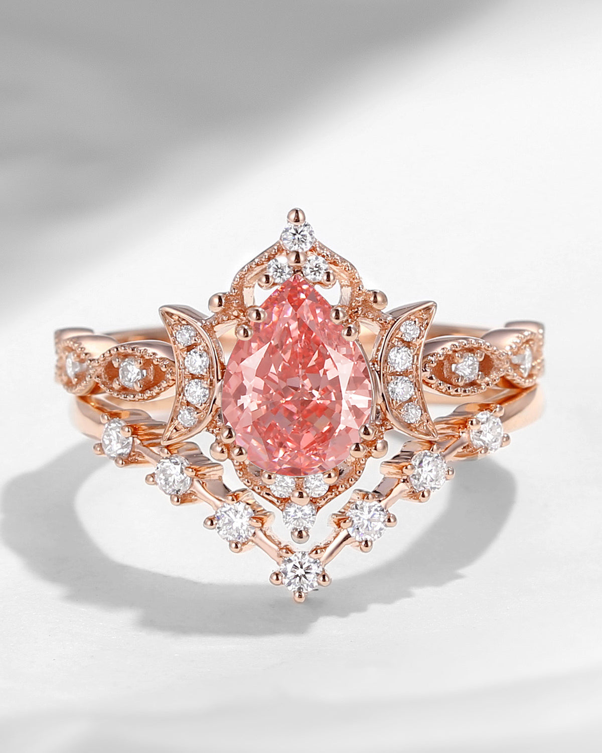 Crescent Moon | Pear Cut Pink Lab Diamond Galaxy Engagement Ring Set 2pcs
