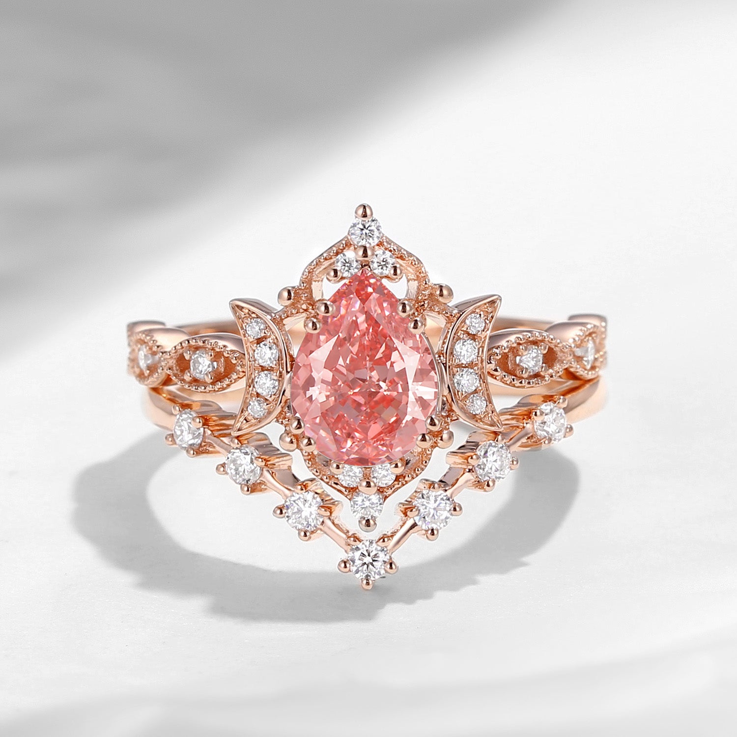 Crescent Moon | Pear Cut Pink Lab Diamond Galaxy Engagement Ring Set 2pcs