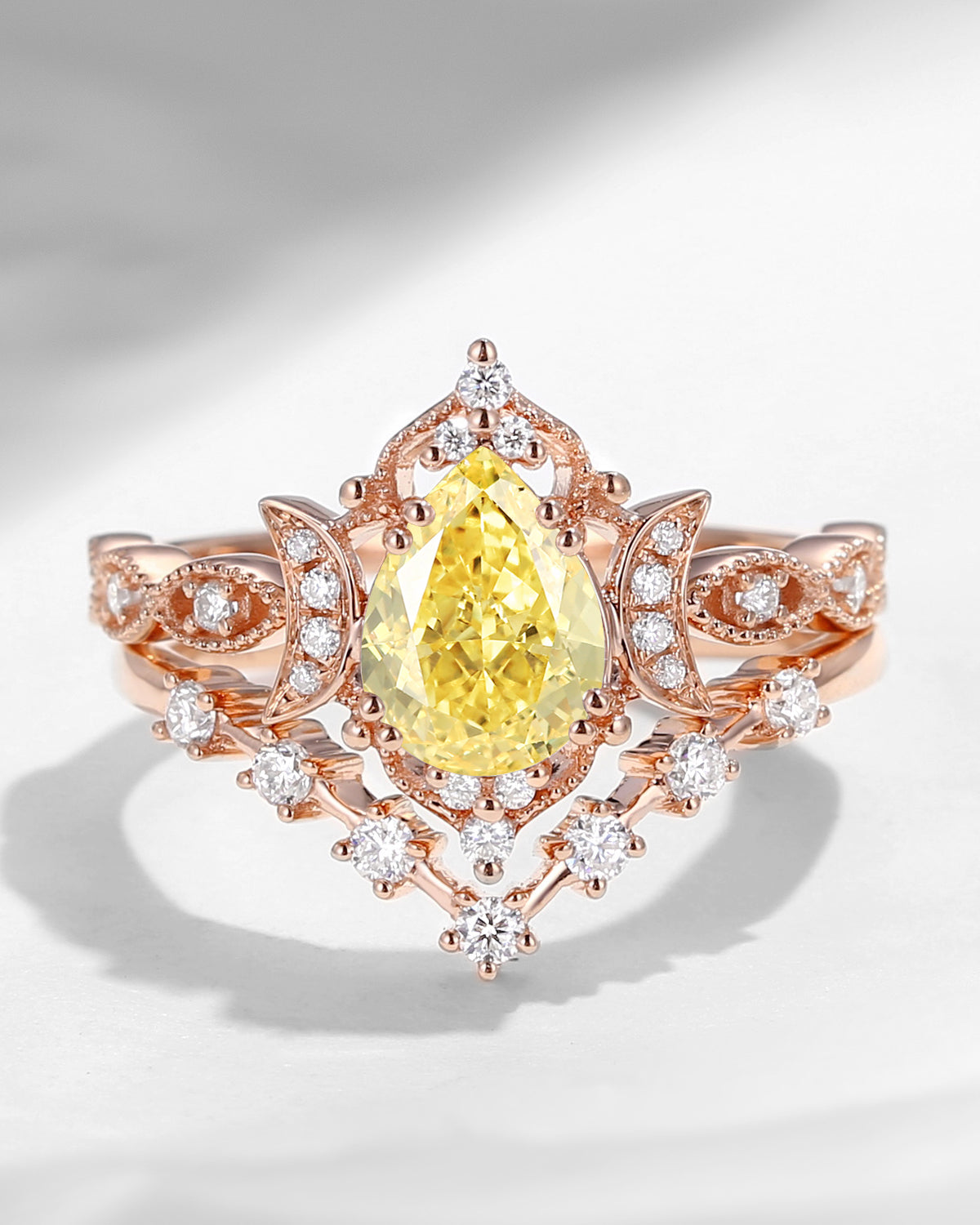 Crescent Moon | Pear Cut Yellow Lab Diamond Galaxy Engagement Ring Set 2pcs