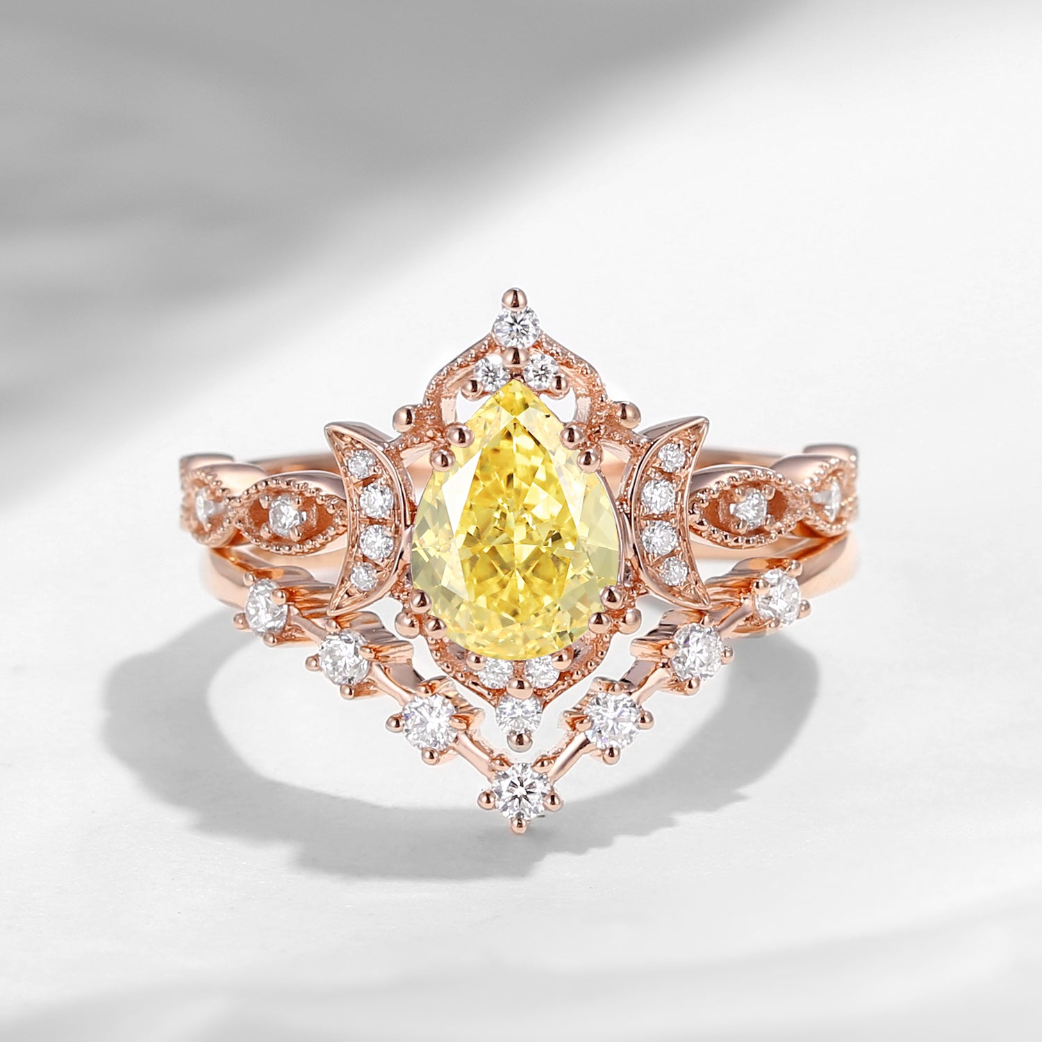 Crescent Moon | Pear Cut Yellow Lab Diamond Galaxy Engagement Ring Set 2pcs