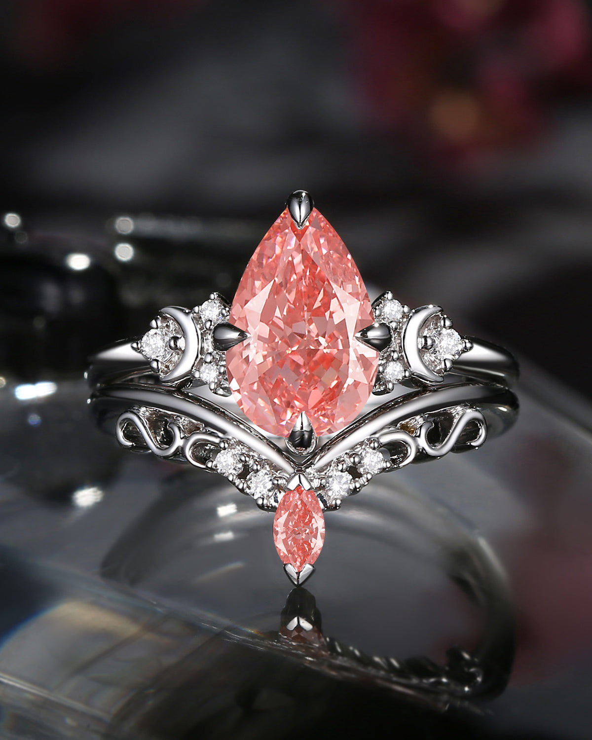 Crescent Moon | Pear Shaped Art Deco Pink Lab Diamond Engagement Ring Set 2pcs