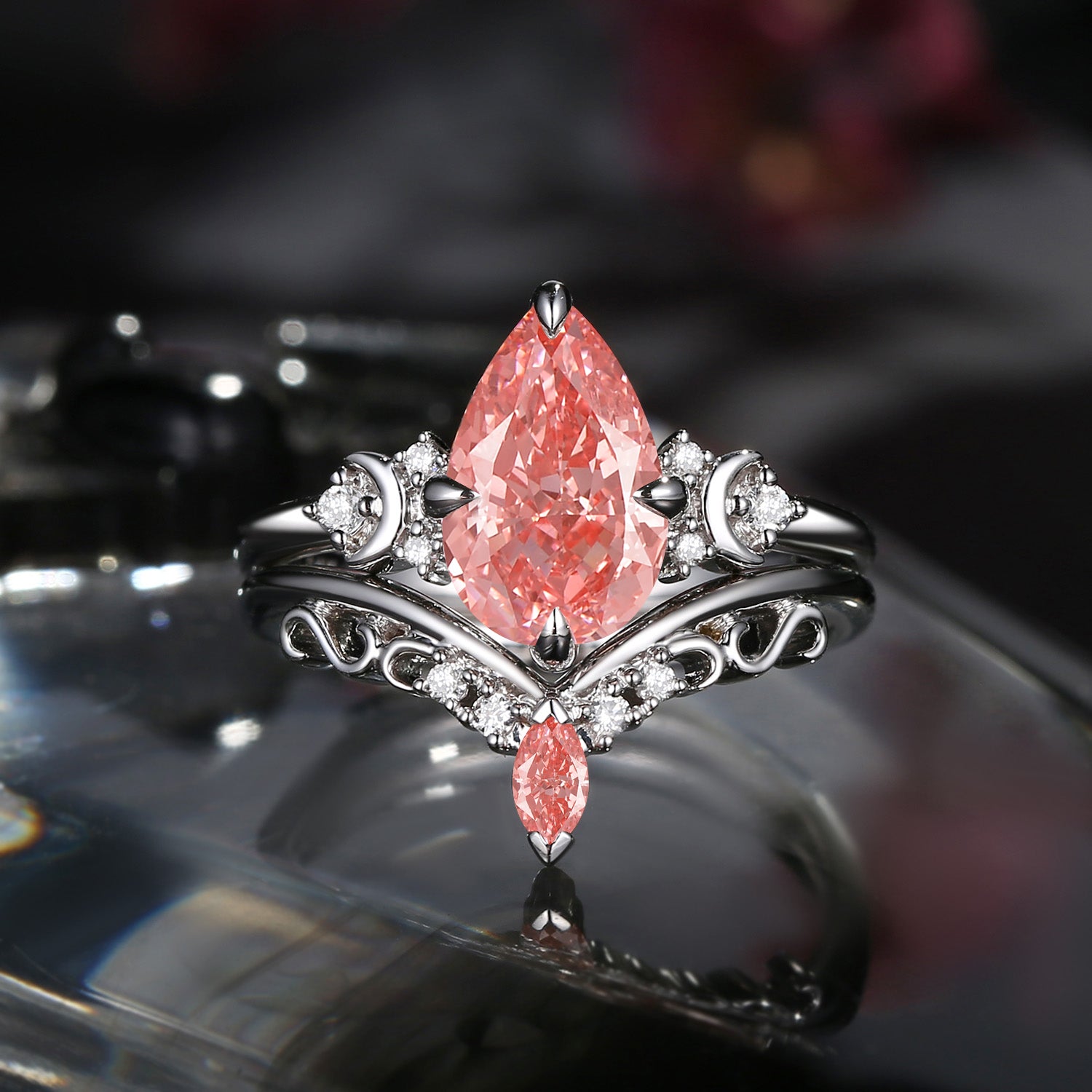 Crescent Moon | Pear Shaped Art Deco Pink Lab Diamond Engagement Ring Set 2pcs