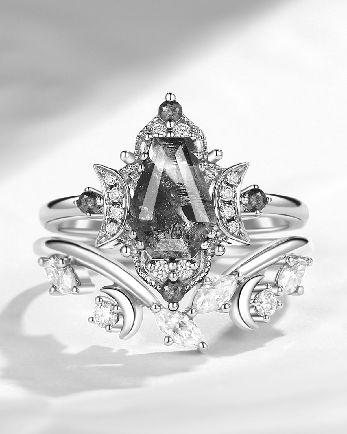 Crescent Moon | Retro Coffin Cut Herkimer Diamond Moon Engagement Ring Bridal Set 2pcs