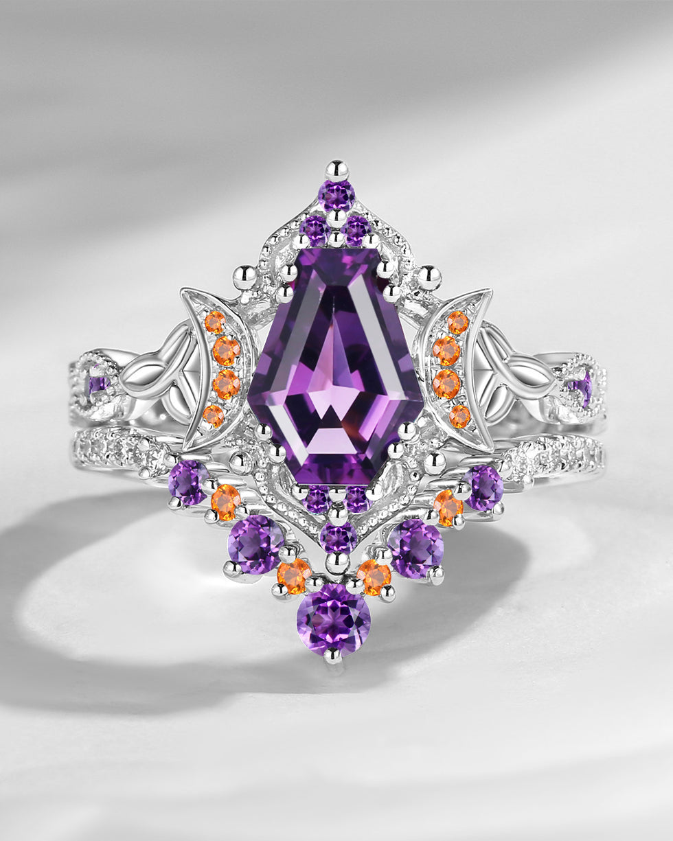 Crescent Moon | Unique Coffin Cut Amethyst Celtic Moon Engagement Ring Set 2pcs
