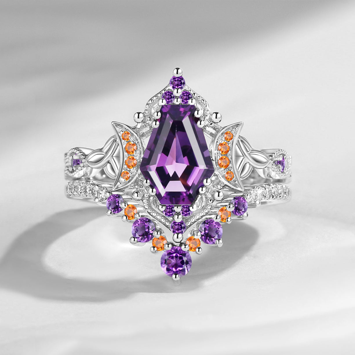 Crescent Moon | Unique Coffin Cut Amethyst Celtic Moon Engagement Ring Set 2pcs