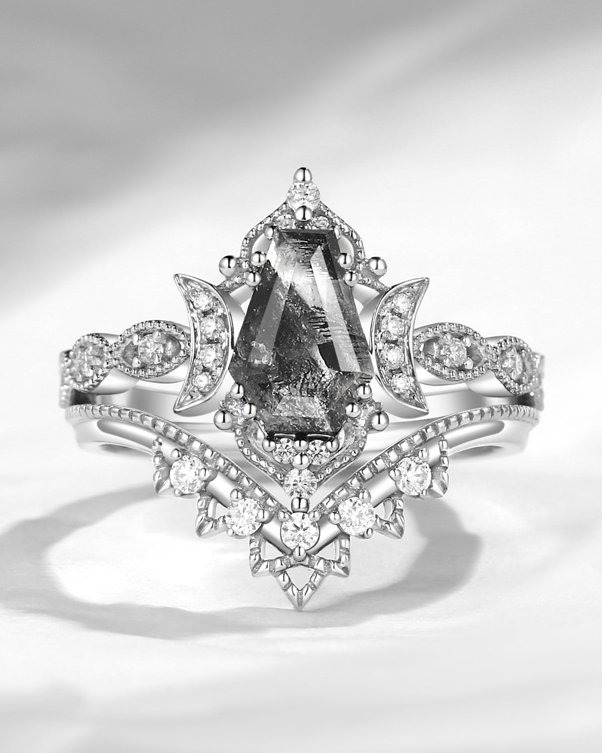 Crescent Moon | Unique Coffin Cut Herkimer Diamond Engagement Ring Bridal Set 2pcs - Thorny Love