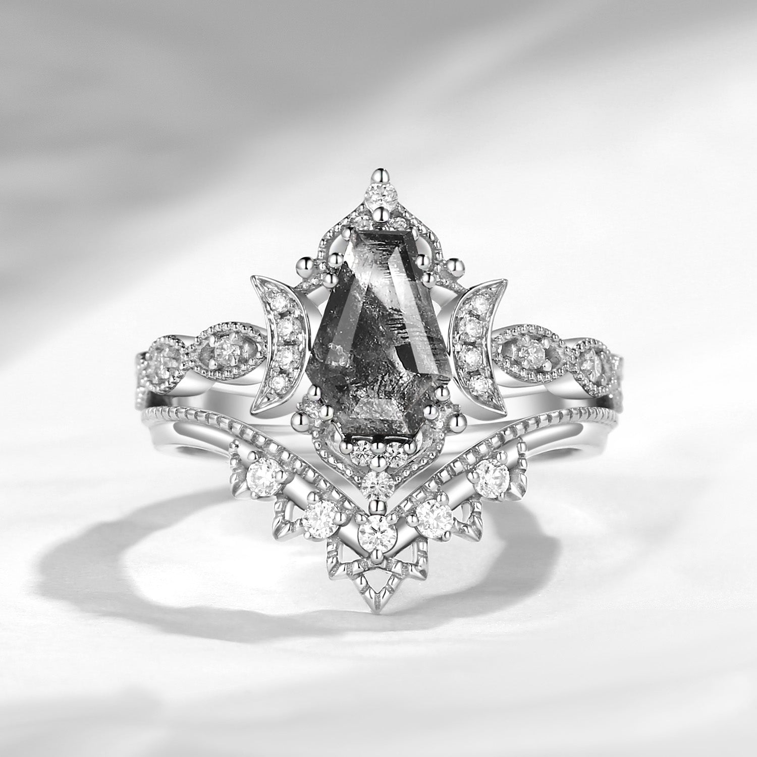 Crescent Moon | Unique Coffin Cut Herkimer Diamond Engagement Ring Bridal Set 2pcs - Thorny Love