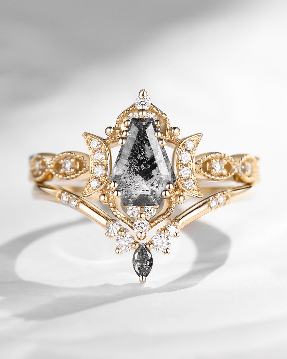 Crescent Moon | Unique Coffin Cut Herkimer Diamond Engagement Ring Set 2pcs - Luna