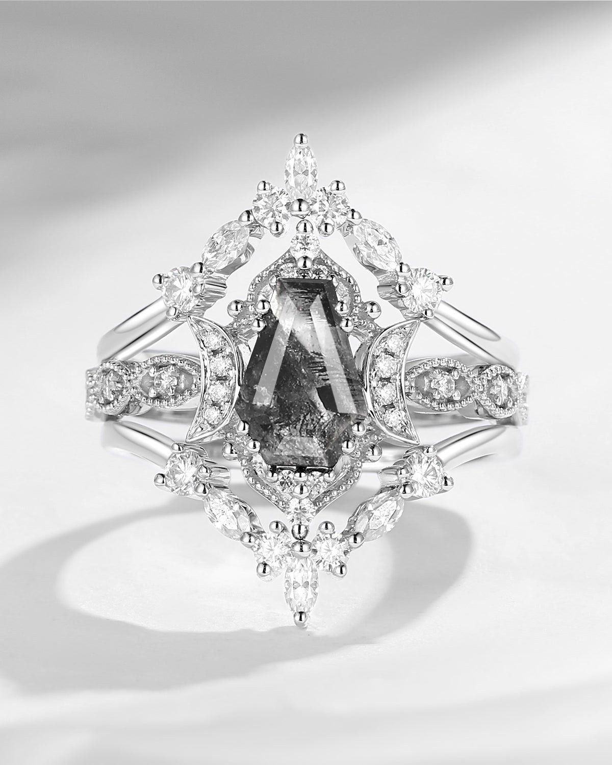 Crescent Moon | Unique Coffin Cut Herkimer Diamond Engagement Ring Set 3pcs