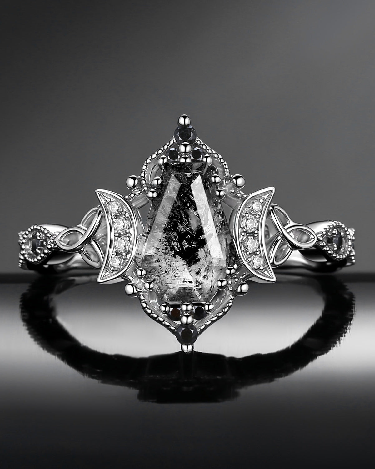 Crescent Moon | Unique Coffin Cut Herkimer Diamond Infinity Celtic Engagement Ring